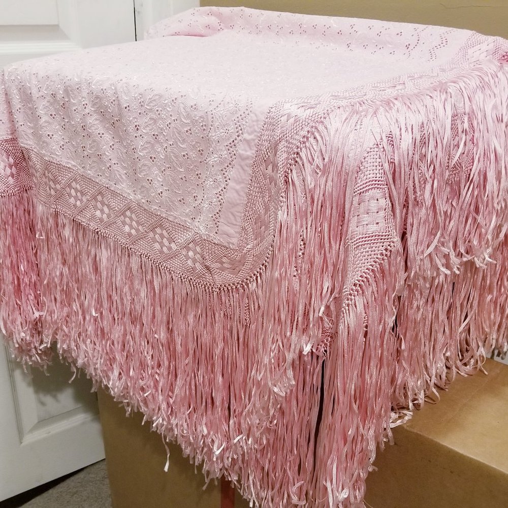 European Hand Embroidered Pink Silk Piano Shawl